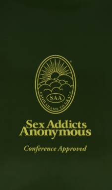 Image of the SAA Green Book. A dark green cover with yellow writing saying Sex Addicts Anonymous.

